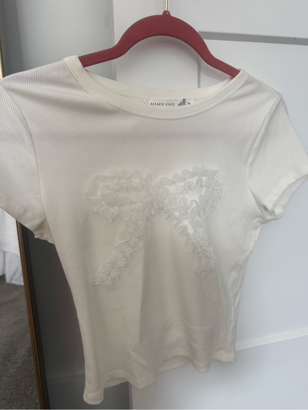 Altar'd State Cream Short-Sleeve Ribbed Tee with Lace Bow